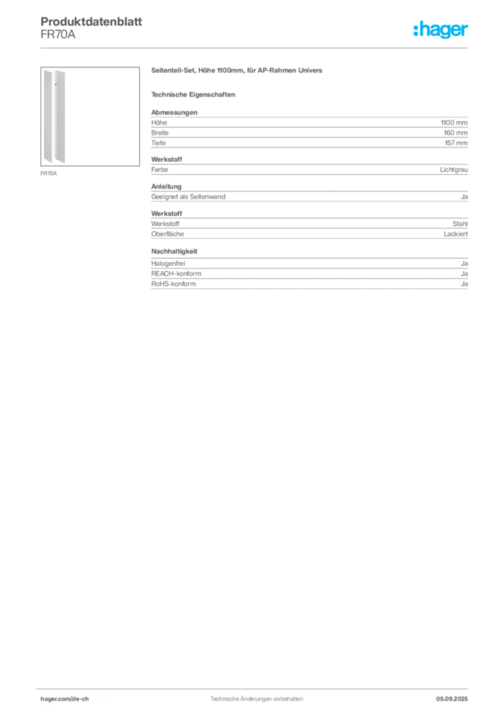 Bild Hager Produktdatenblatt FR70A | Hager Schweiz