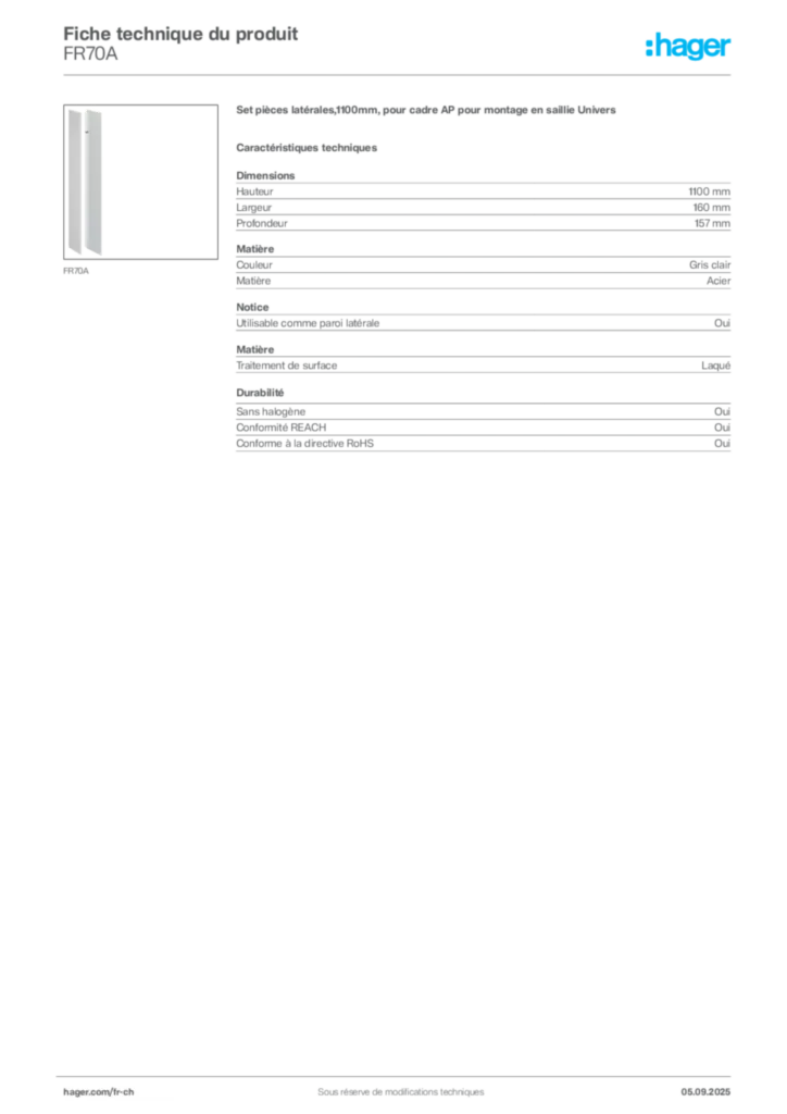 Image Hager Fiche technique du produit FR70A | Hager Suisse
