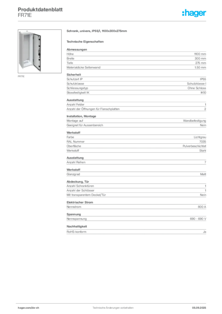 Bild Hager Produktdatenblatt FR71E | Hager Schweiz