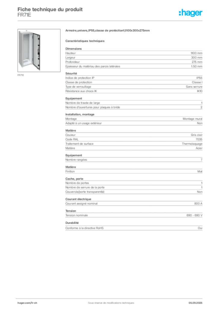 Image Hager Fiche technique du produit FR71E | Hager Suisse