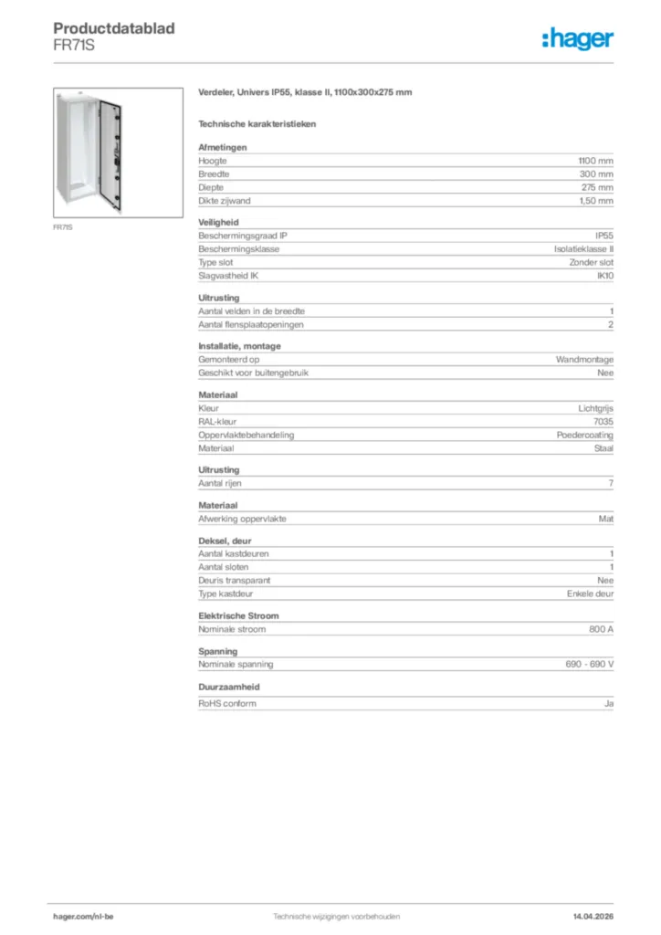 Afbeelding Hager Productdatablad FR71S | Hager Belgium