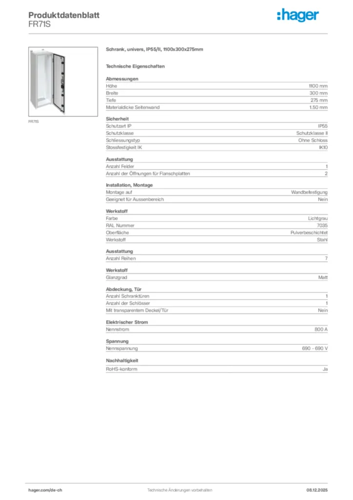 Bild Hager Produktdatenblatt FR71S | Hager Schweiz