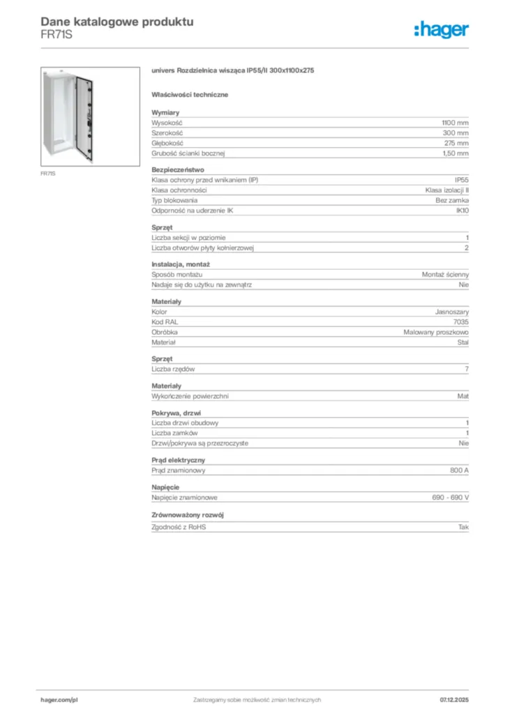 Zdjęcie Hager Karta katalogowa FR71S | Hager Polska