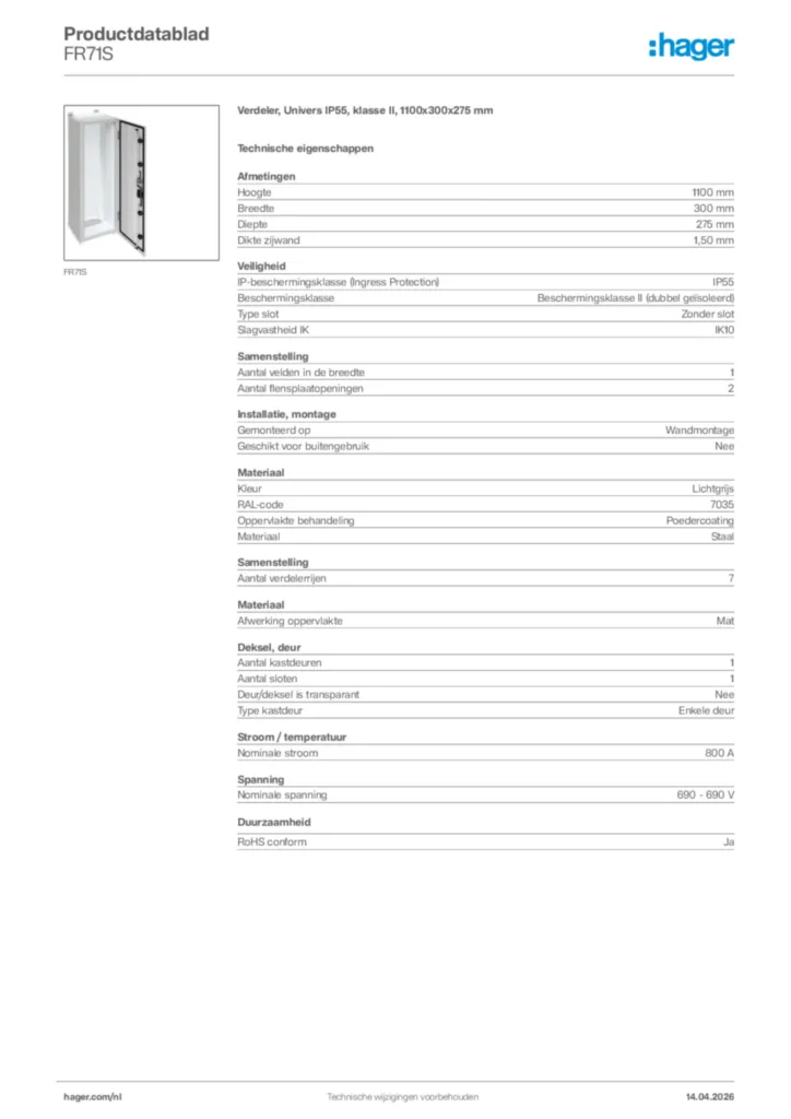 Afbeelding Hager Productdatablad FR71S | Hager Nederland