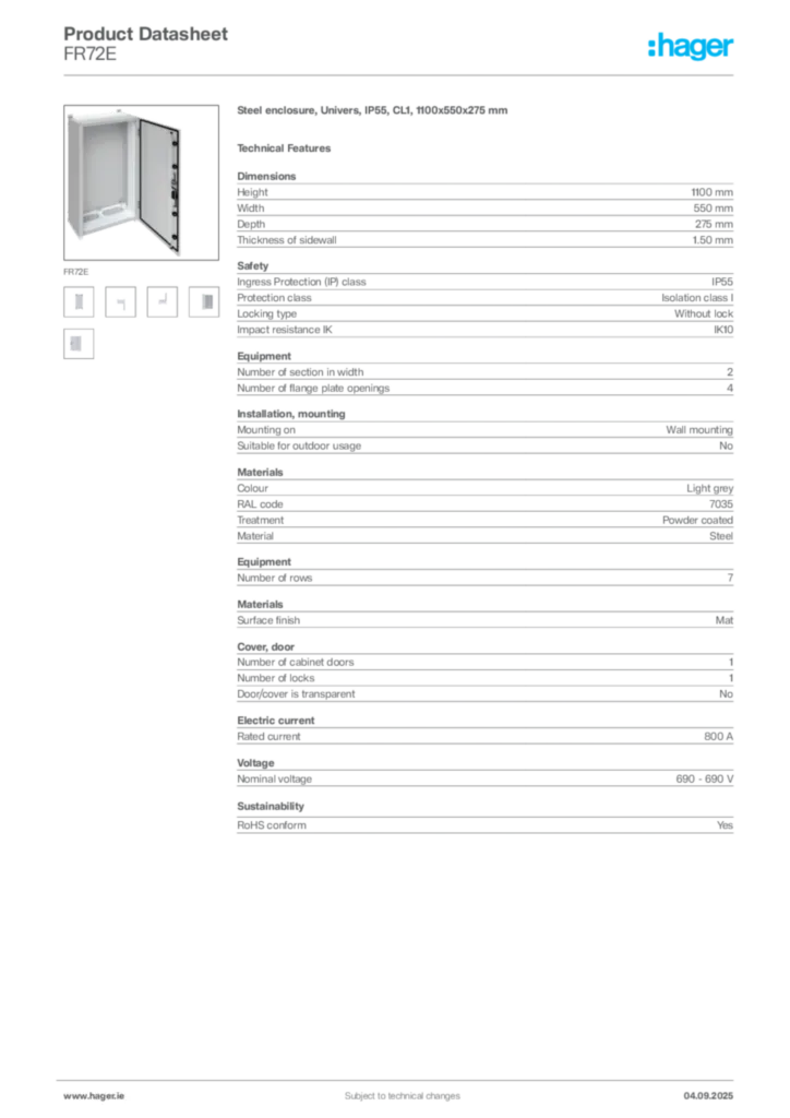 Image Hager Product data sheet FR72E  | Hager