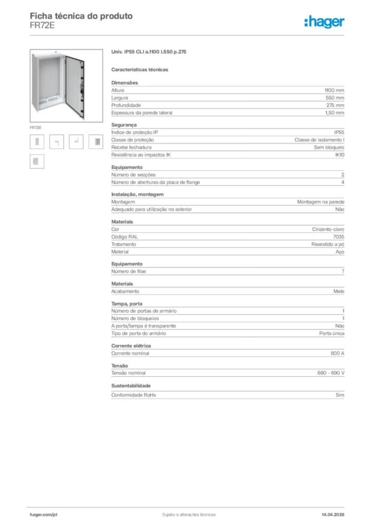 Imagem Hager Ficha técnica do produto FR72E | Hager Portugal