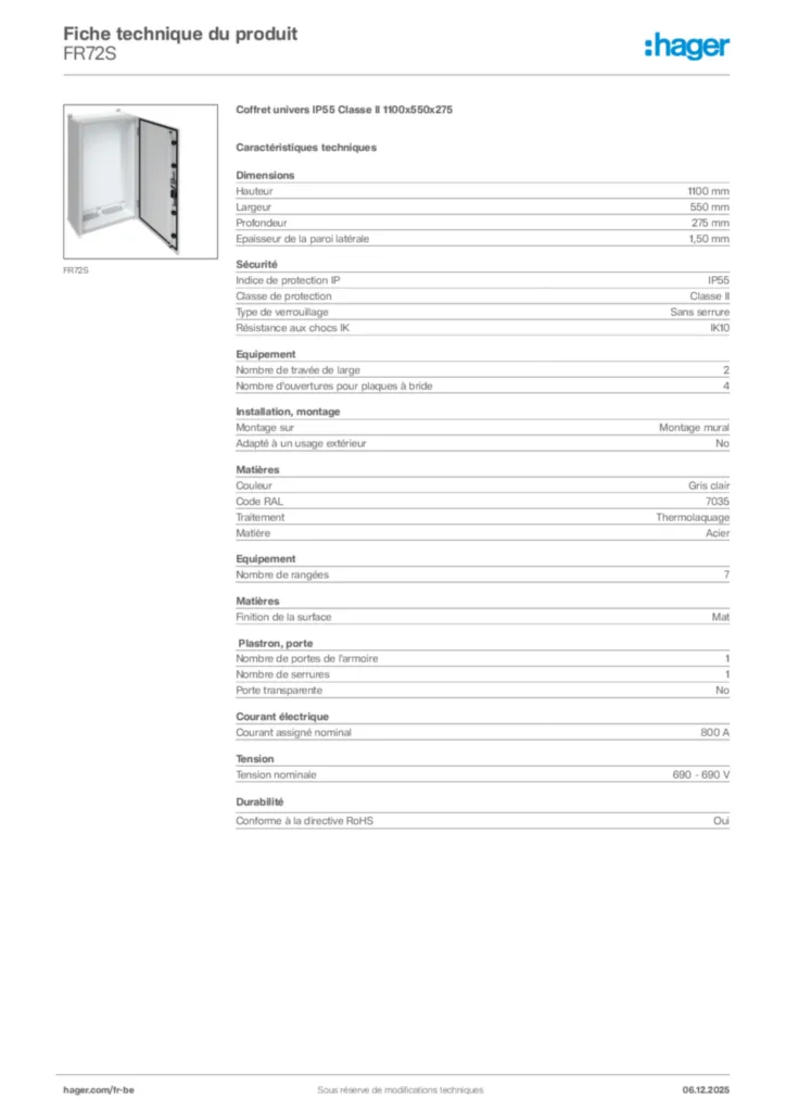 Image Hager Fiche technique du produit FR72S | Hager Belgique