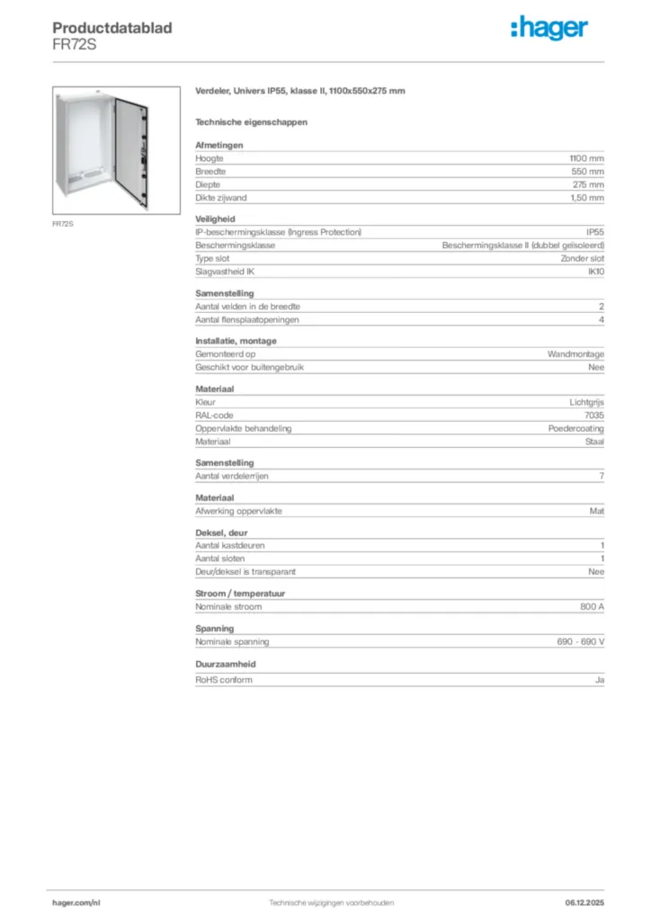 Afbeelding Hager Productdatablad FR72S | Hager Nederland