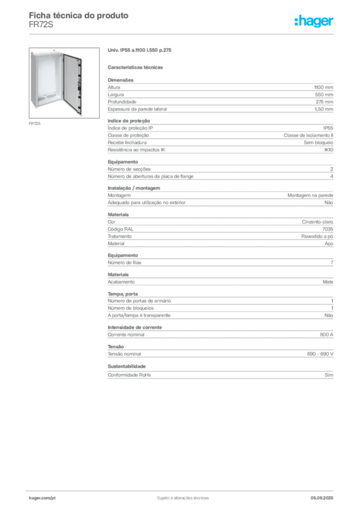 Imagem Hager Ficha técnica do produto FR72S | Hager Portugal