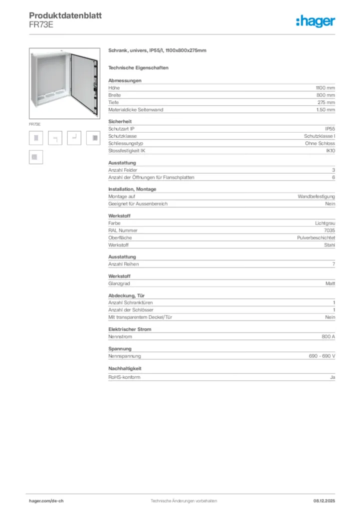 Bild Hager Produktdatenblatt FR73E | Hager Schweiz