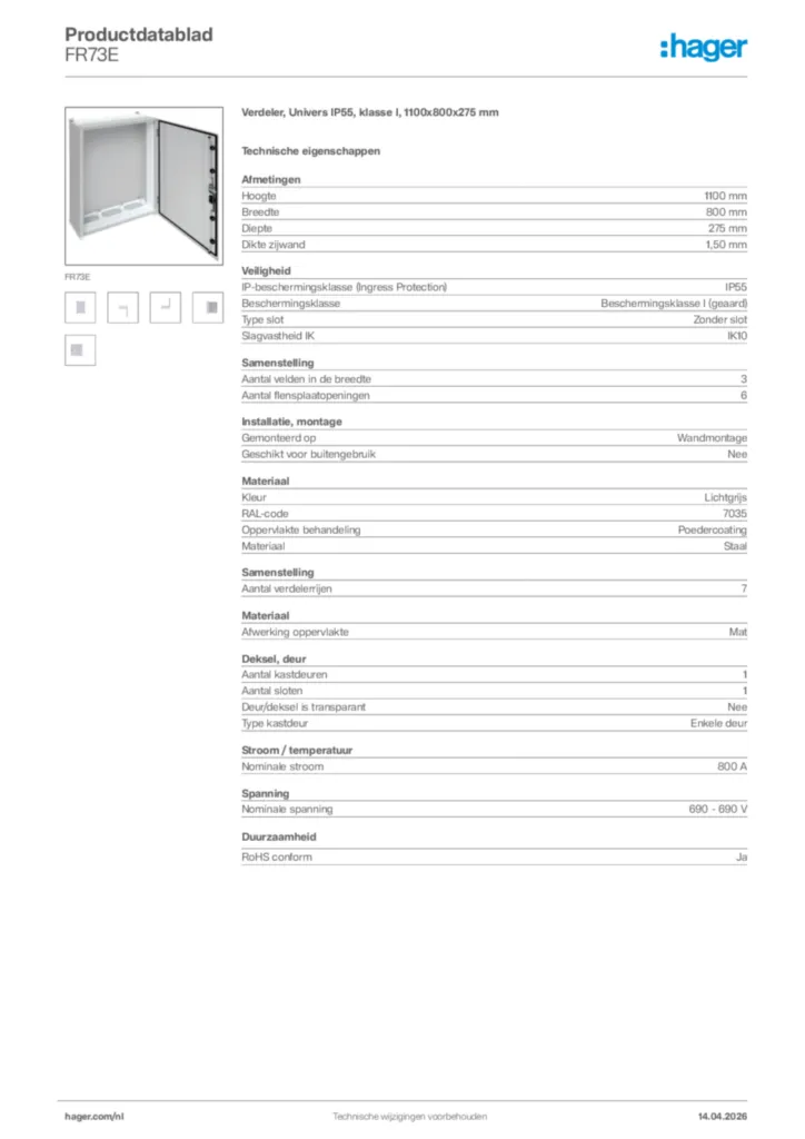 Afbeelding Hager Productdatablad FR73E | Hager Nederland