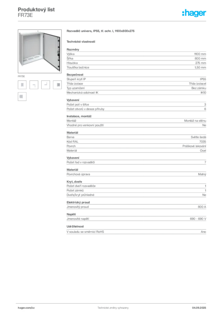 Obrázek Hager Produktový list FR73E | Hager