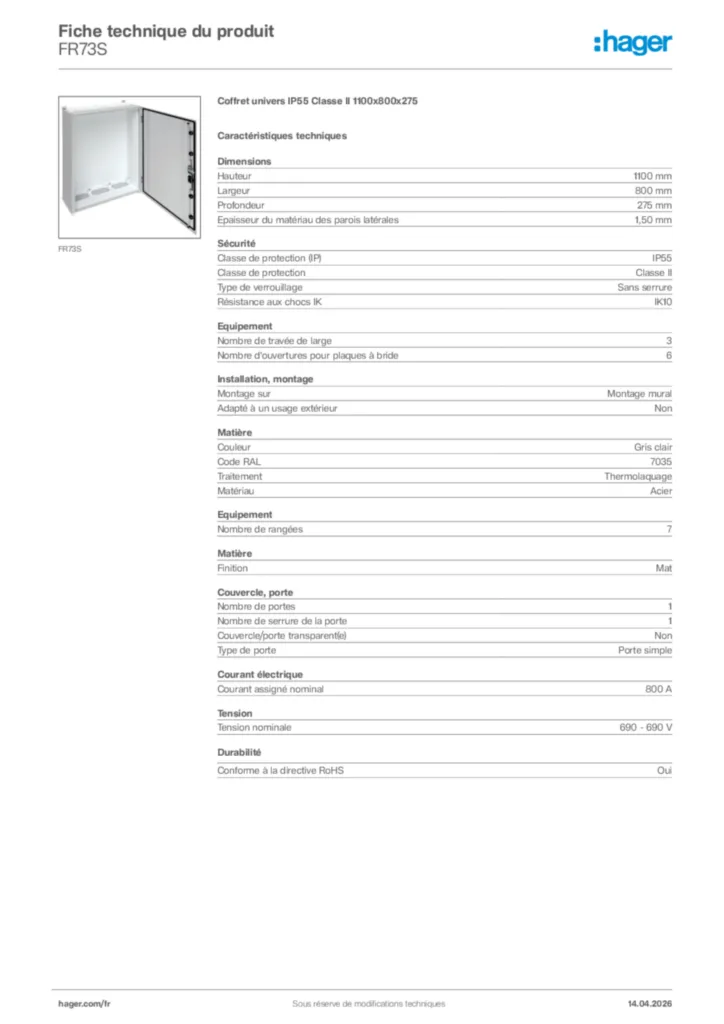 Image Hager Fiche technique du produit FR73S | Hager France
