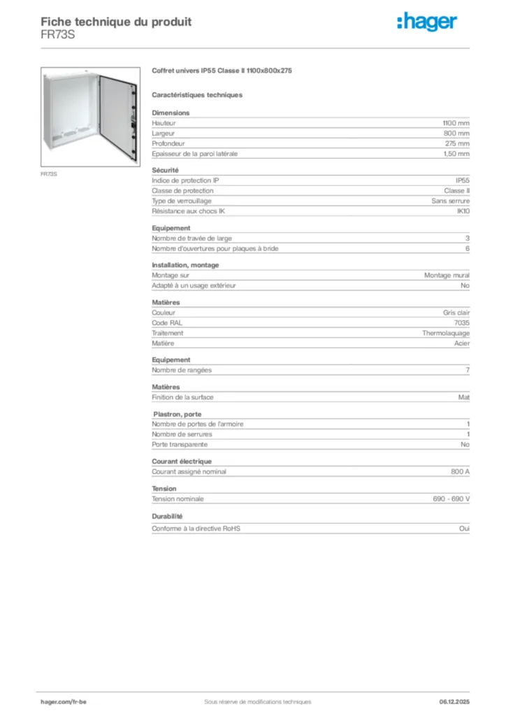 Image Hager Fiche technique du produit FR73S | Hager Belgique
