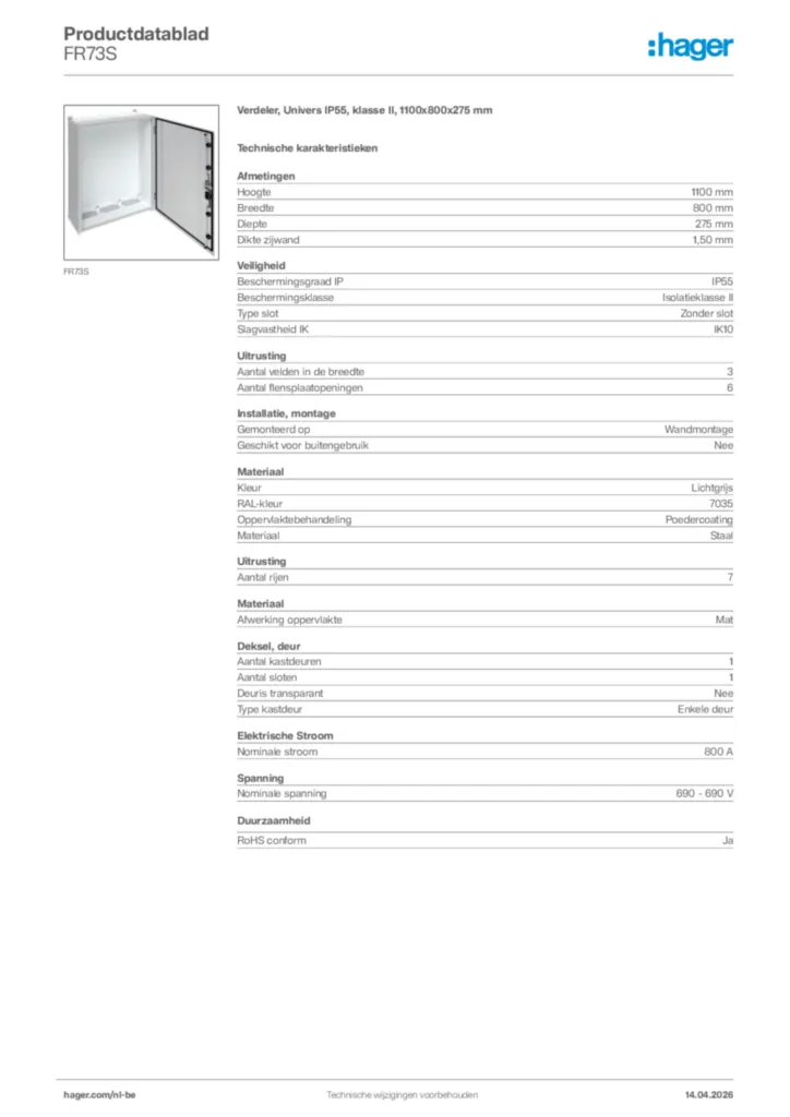 Afbeelding Hager Productdatablad FR73S | Hager Belgium