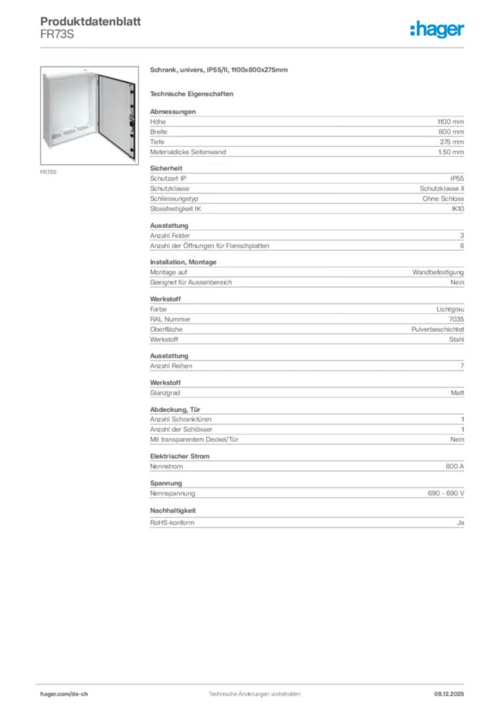 Bild Hager Produktdatenblatt FR73S | Hager Schweiz