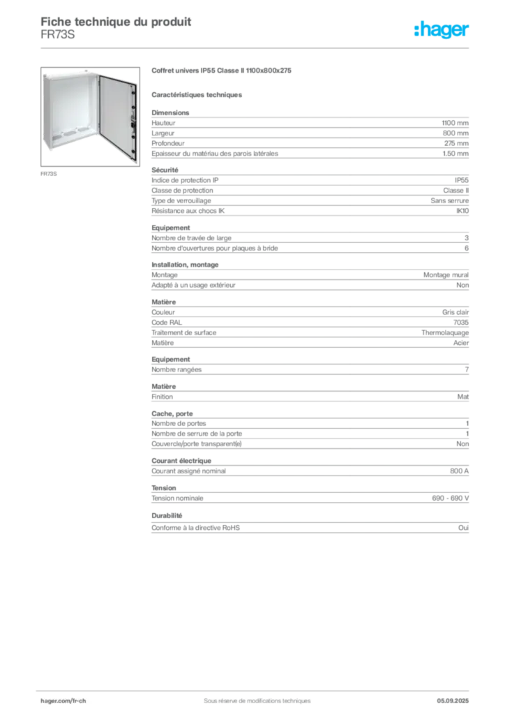 Image Hager Fiche technique du produit FR73S | Hager Suisse