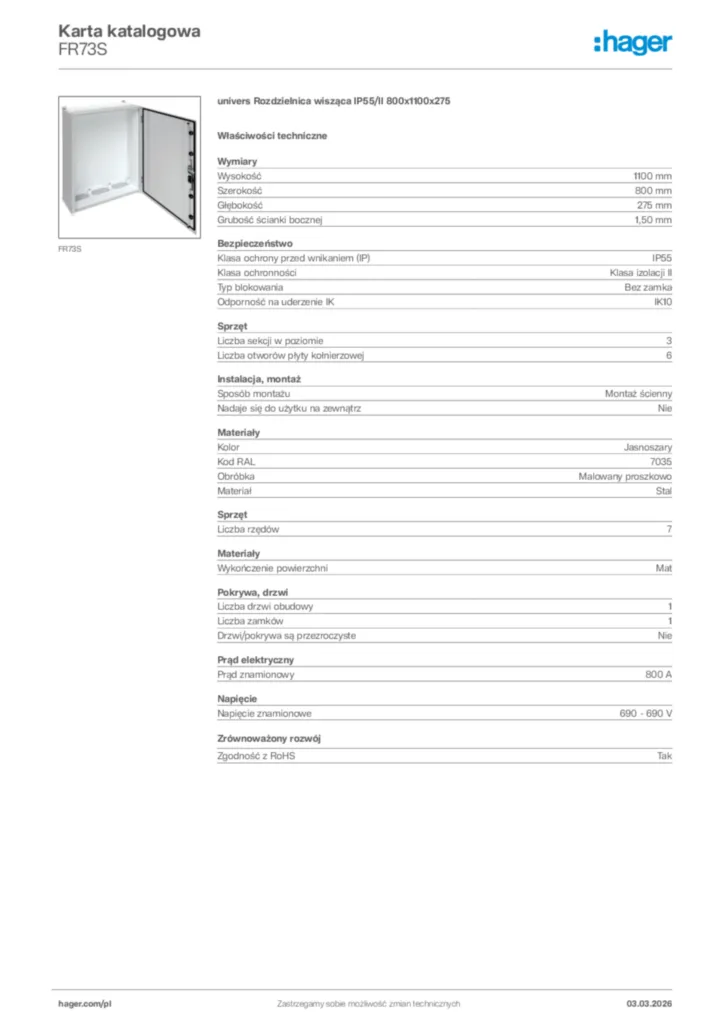 Zdjęcie Hager Karta katalogowa FR73S | Hager Polska