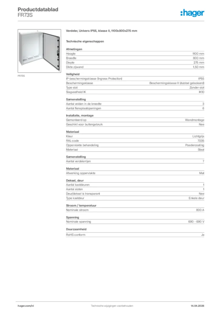 Afbeelding Hager Productdatablad FR73S | Hager Nederland
