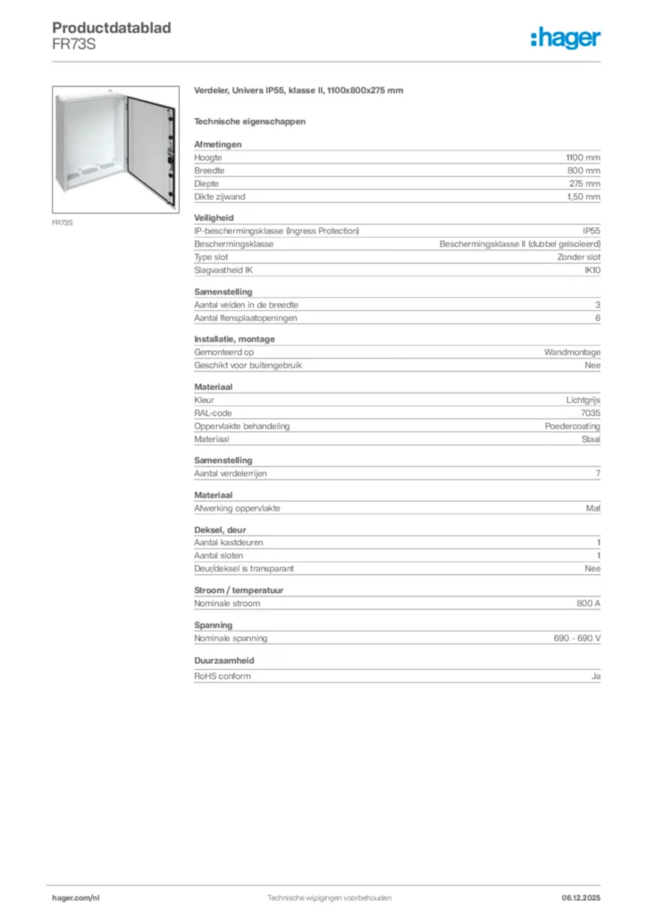 Afbeelding Hager Productdatablad FR73S | Hager Nederland