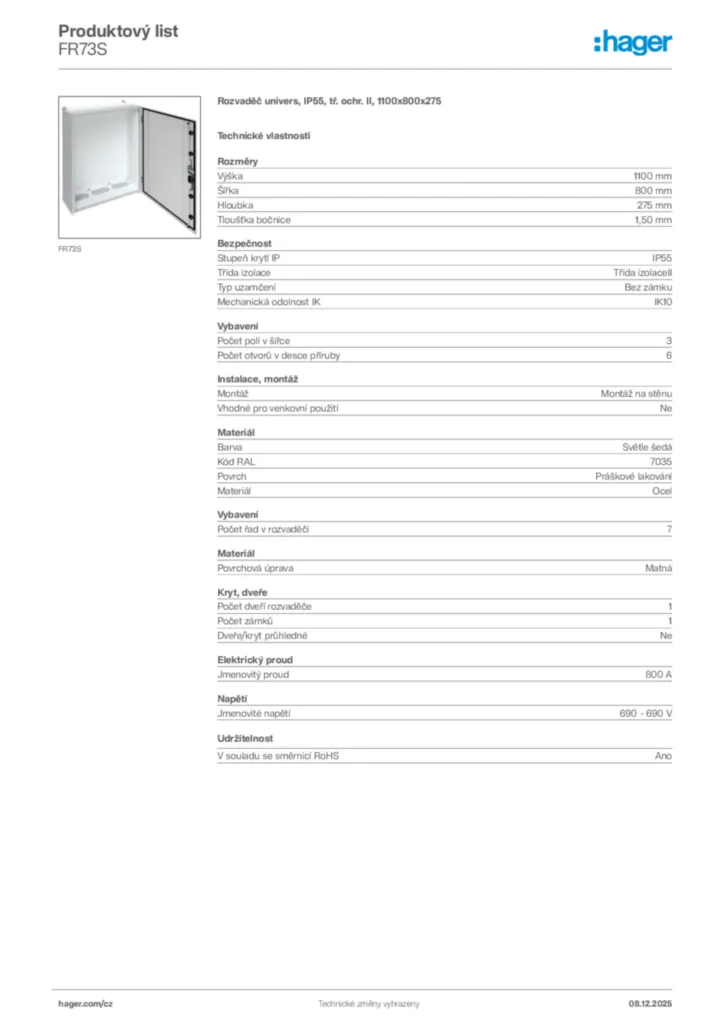 Obrázek Hager Product data sheet FR73S | Hager