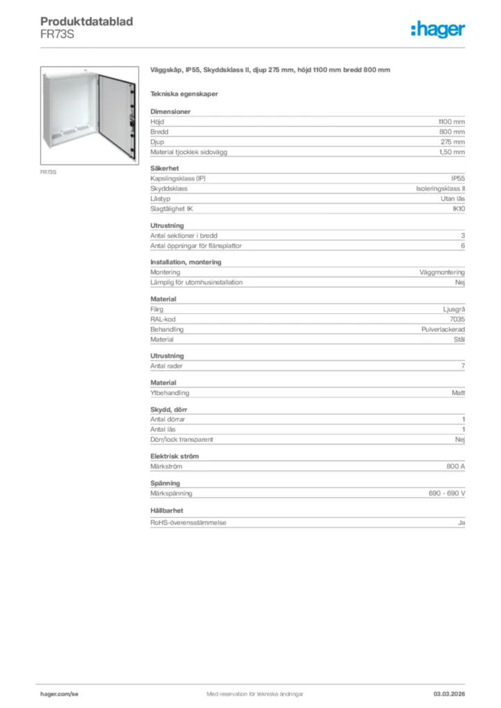 Bild Hager Produktdatablad FR73S | Hager Sverige
