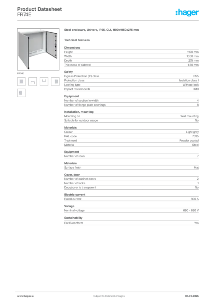 Image Hager Product data sheet FR74E  | Hager