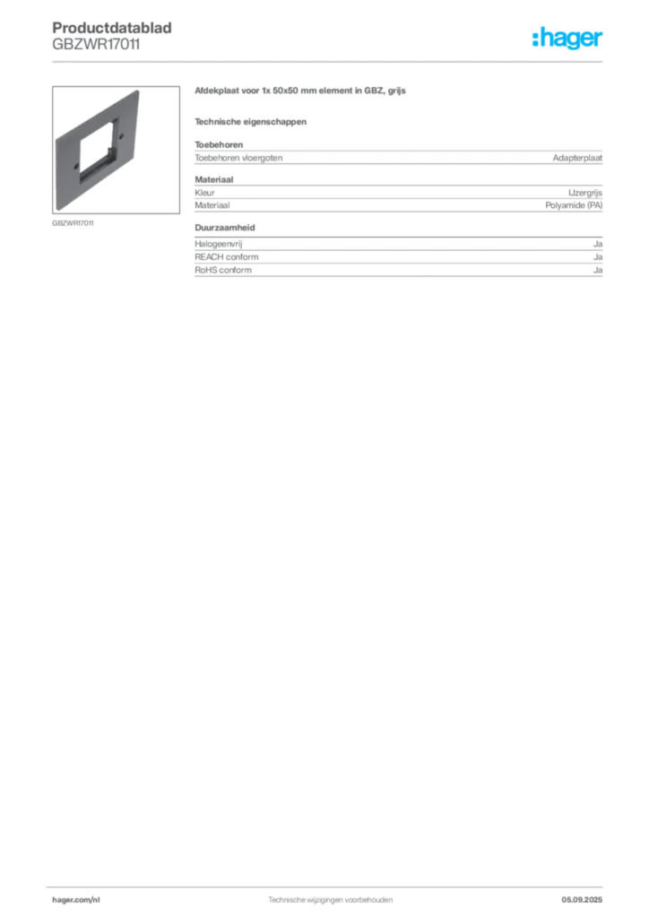 Afbeelding Hager Productdatablad GBZWR17011 | Hager Nederland