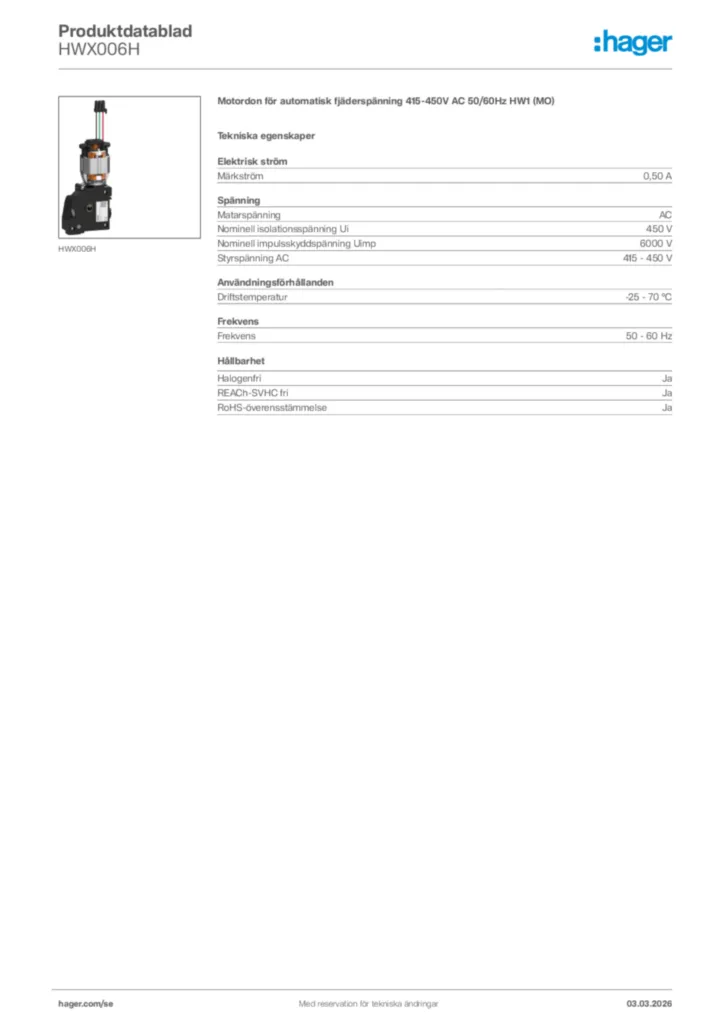 Bild Hager Produktdatablad HWX006H | Hager Sverige