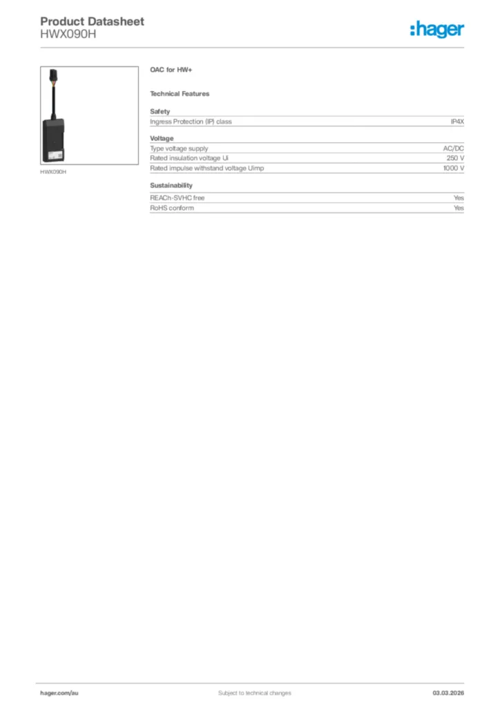 Image Hager Product data sheet HWX090H  | Hager Australia