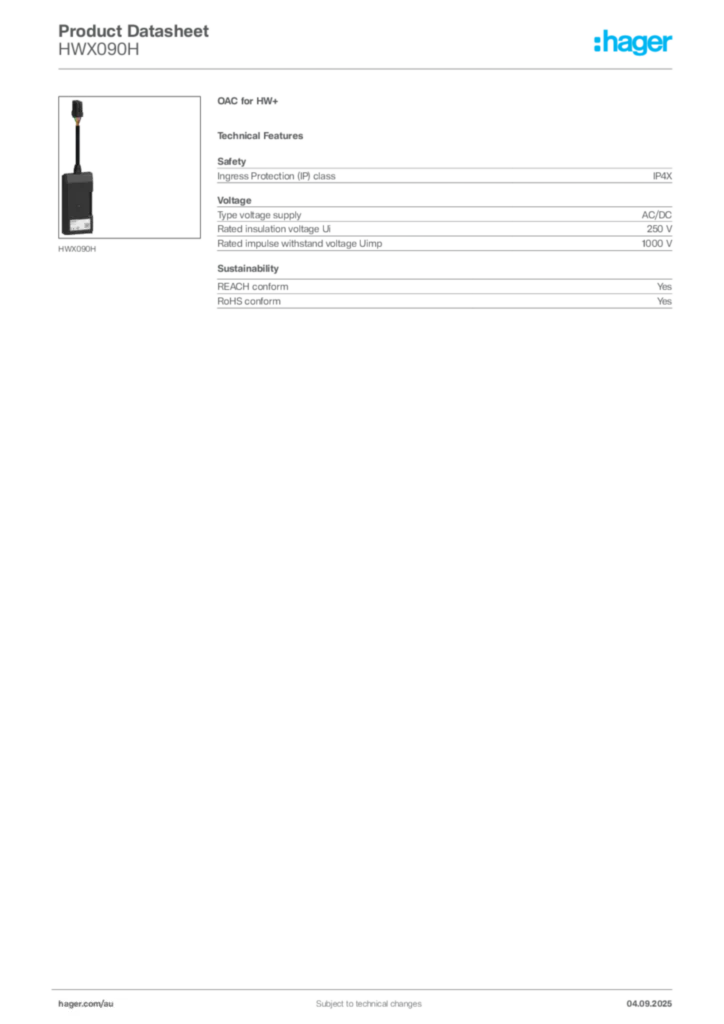 Image Hager Product data sheet HWX090H  | Hager Australia