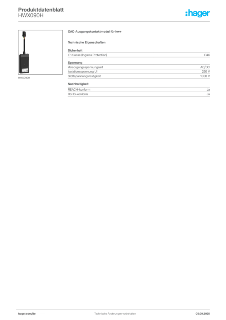 Bild Hager Produktdatenblatt HWX090H | Hager Deutschland