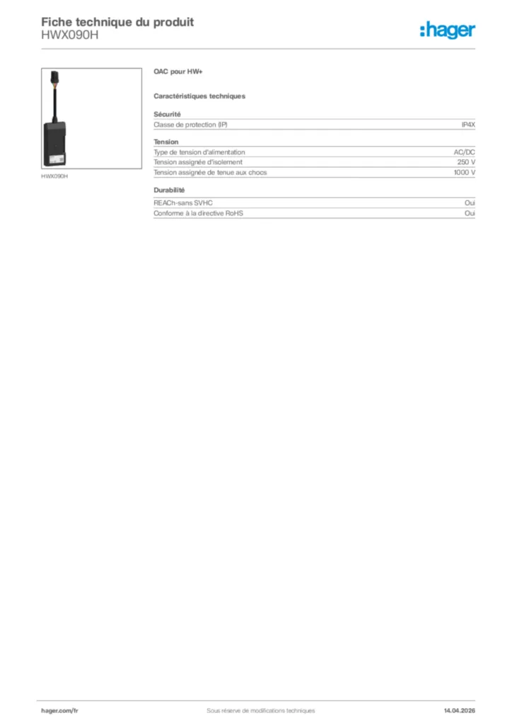 Image Hager Fiche technique du produit HWX090H | Hager France