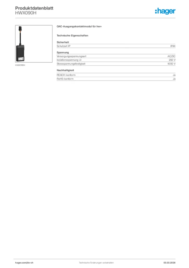 Bild Hager Produktdatenblatt HWX090H | Hager Schweiz