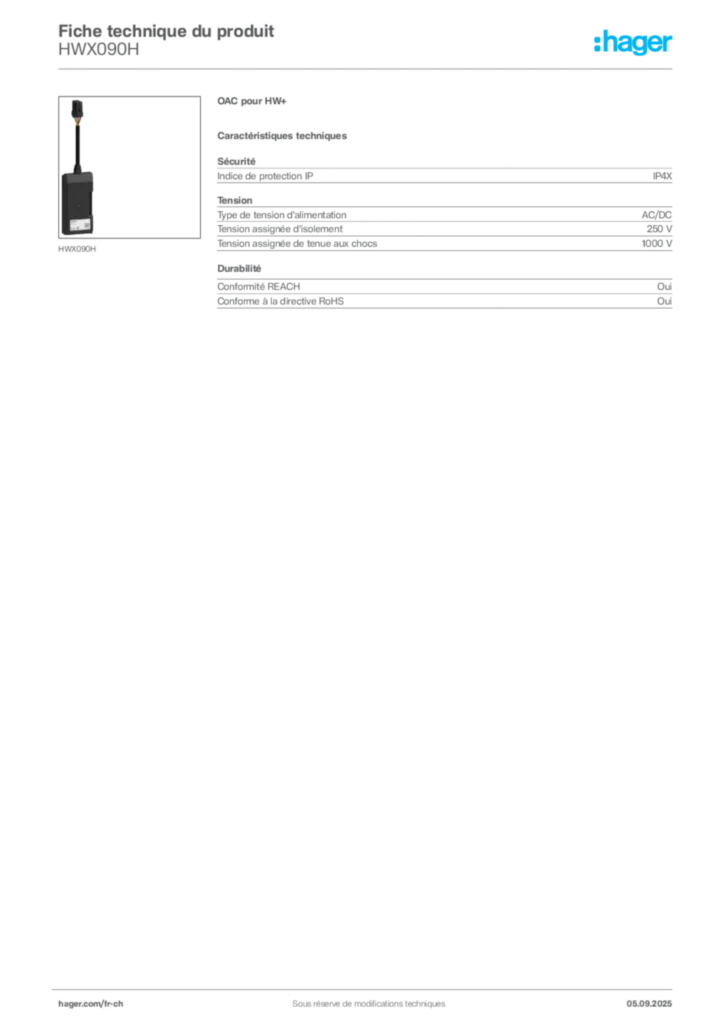 Image Hager Fiche technique du produit HWX090H | Hager Suisse