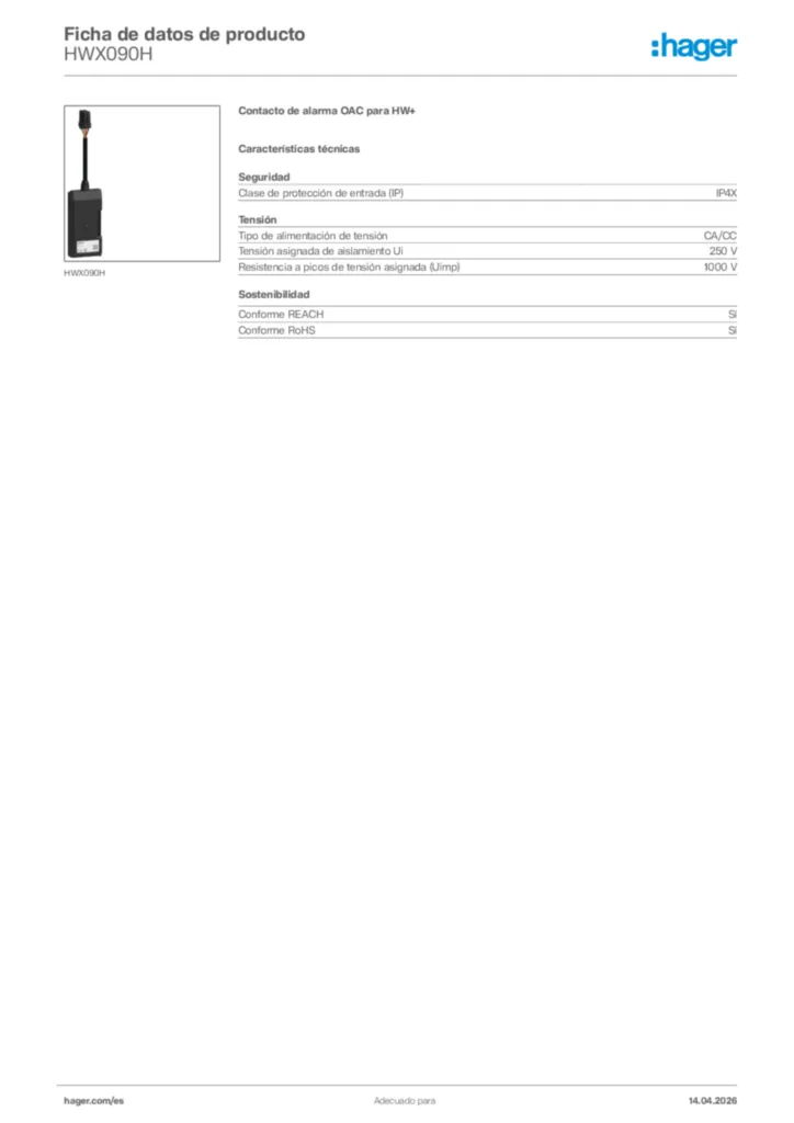 Imagen Hager Ficha de datos de producto HWX090H | Hager España
