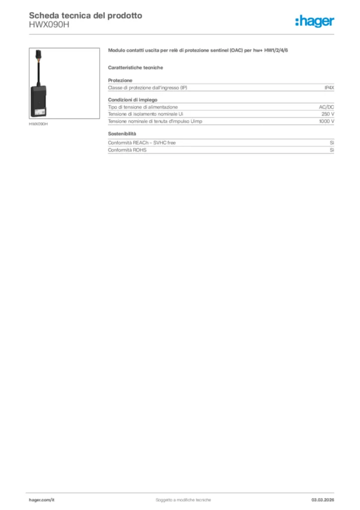 Immagine Hager Scheda tecnica del prodotto HWX090H | Hager Italia