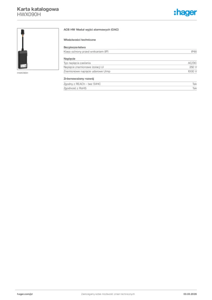 Zdjęcie Hager Karta katalogowa HWX090H | Hager Polska