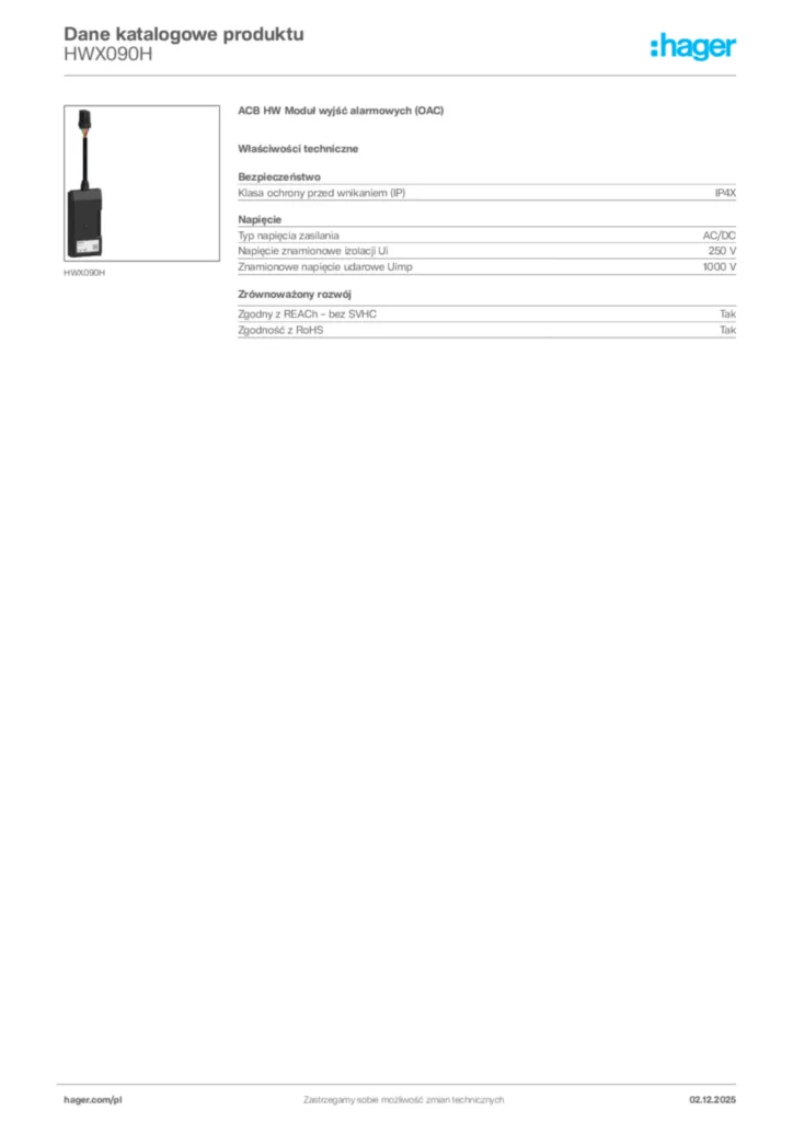 Zdjęcie Hager Dane katalogowe produktu HWX090H | Hager Polska