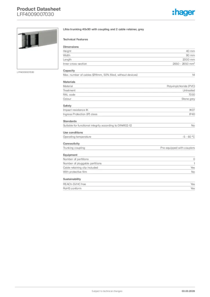 Image Hager Product data sheet LFF4009007030  | Hager Africa