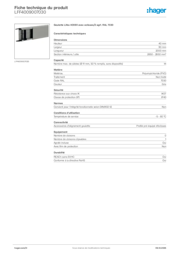 Image Hager Fiche technique du produit LFF4009007030 | Hager France