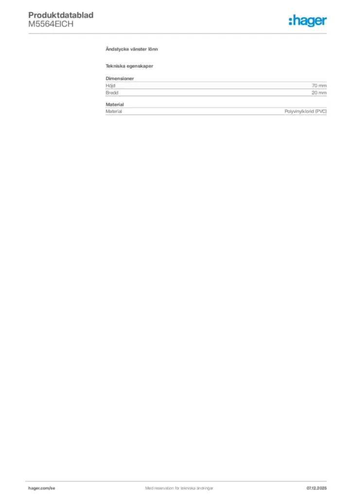 Bild Hager Produktdatablad M5564EICH | Hager Sverige