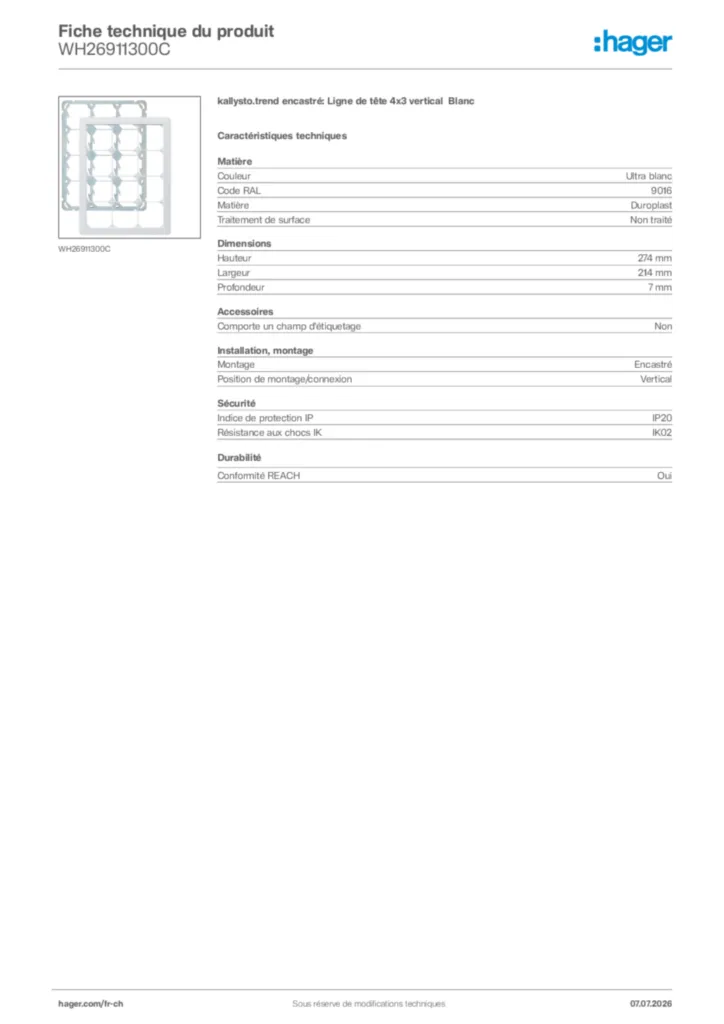 Image Hager Fiche technique du produit WH26911300C | Hager Suisse