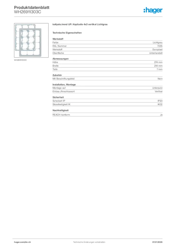 Bild Hager Produktdatenblatt WH26911303C | Hager Schweiz