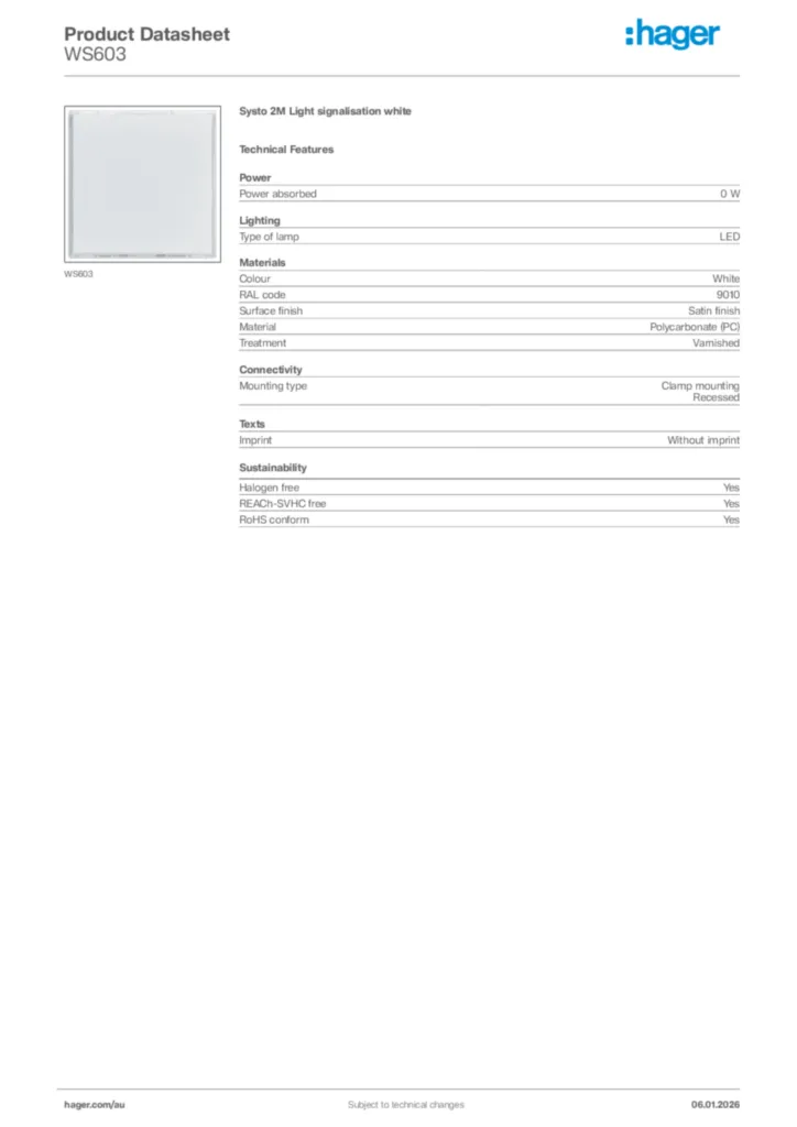 Image Hager Product data sheet WS603  | Hager Australia