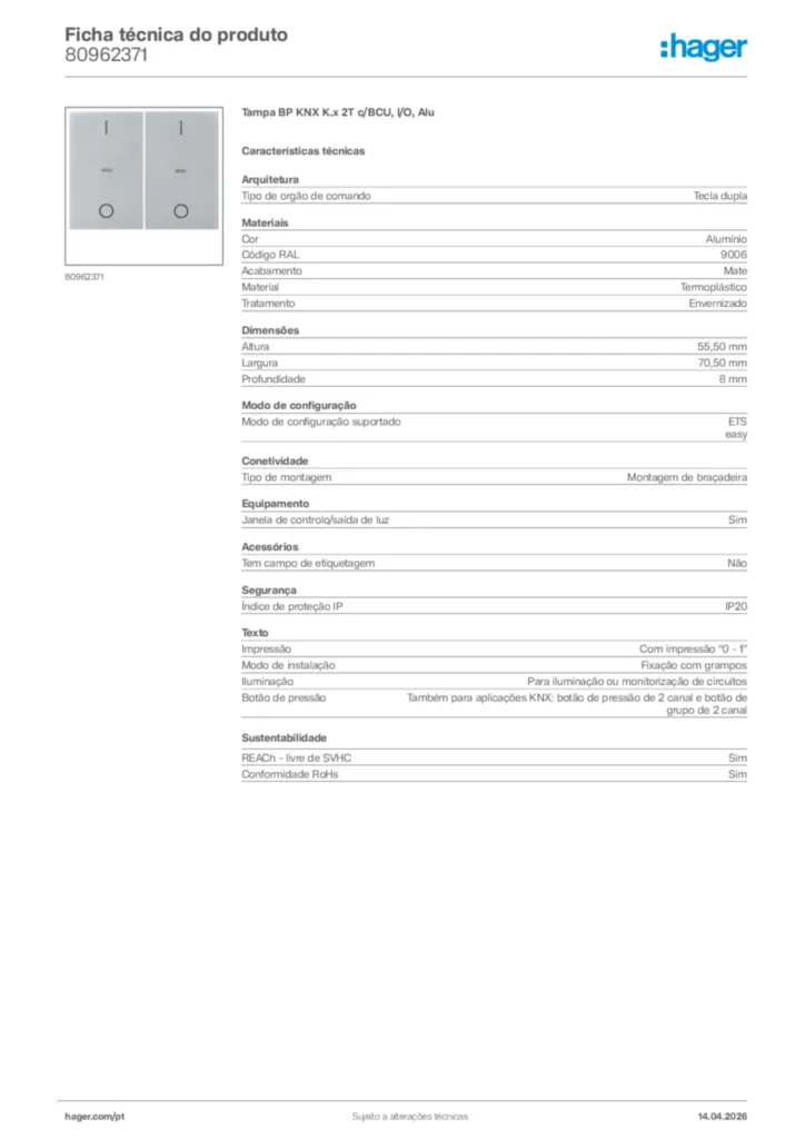 Imagem Hager Ficha técnica do produto 80962371 | Hager Portugal