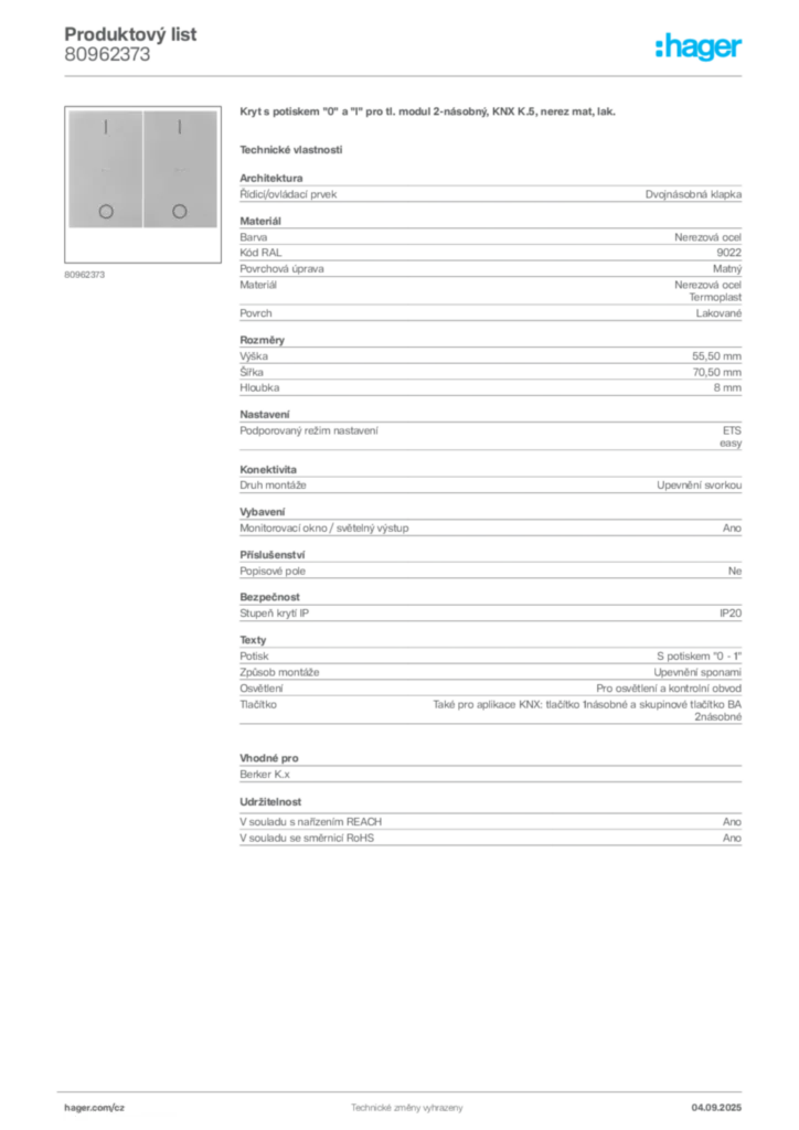 Obrázek Hager Produktový list 80962373 | Hager