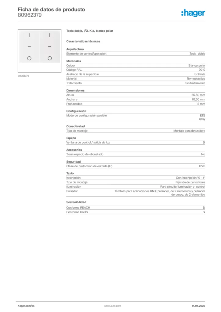 Imagen Hager Ficha de datos de producto 80962379 | Hager España