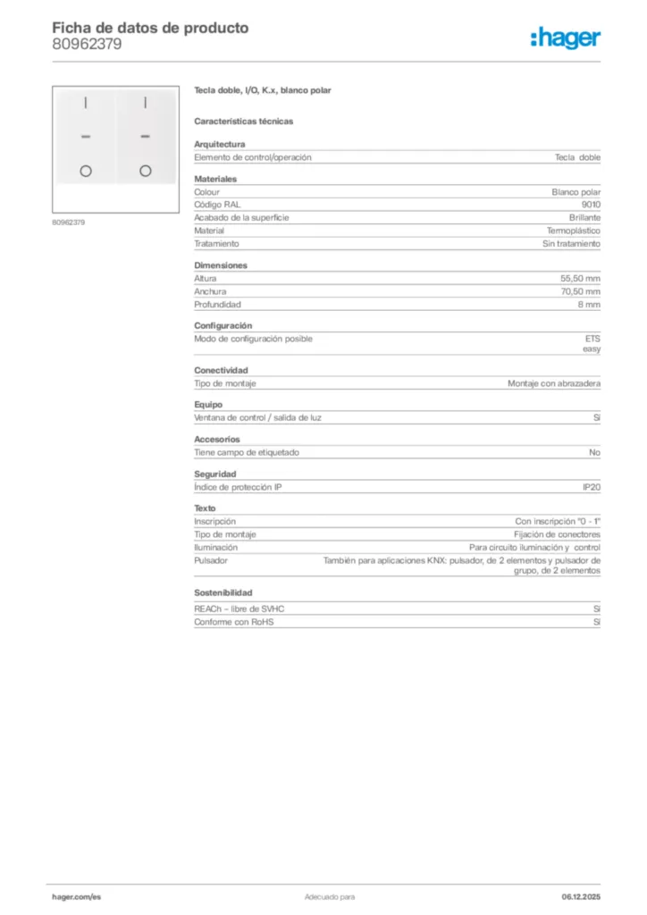 Imagen Hager Ficha de datos de producto 80962379 | Hager España