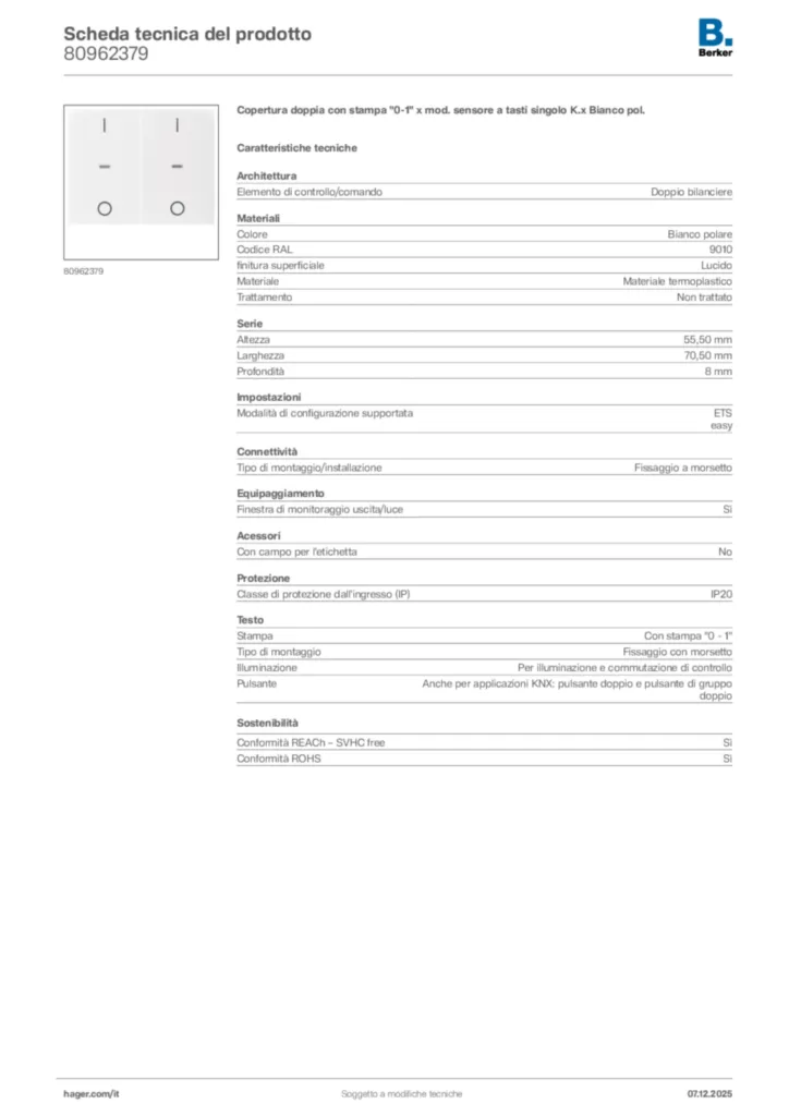 Immagine Berker Scheda tecnica del prodotto 80962379 | Hager Italia